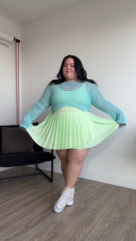 Plus size outfit 
Plus size pleated tennis dress from Aerie wearing a size XL
plus size blue cropped sweater from pretty little thing size 22 
Heels from Lane Bryant 

#LTKPlusSize #LTKFindsUnder50 #LTKMidsize