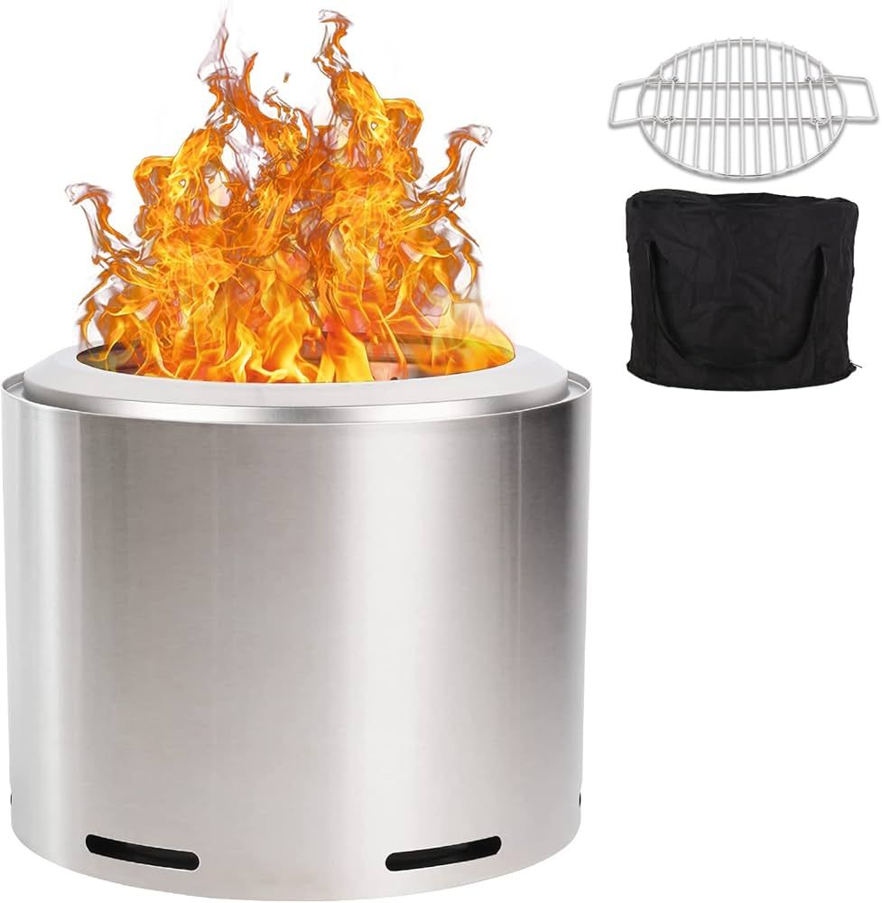 Hykolity Smokeless Fire Pit with Cooking Grate, 19 Inch Stainless Steel Fire Pit with Removable A... | Amazon (US)