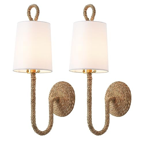 Natural Rattan Wall Sconce Set of 2, with Boho Woven Wicker and Creamy-White Fabric Shade for Van... | Amazon (US)