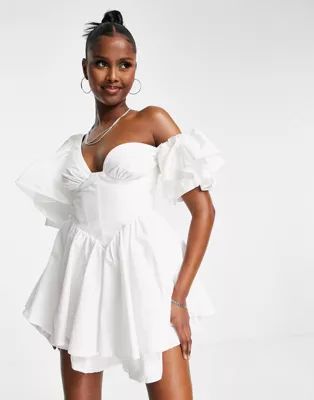 ASOS LUXE one shoulder cotton dress with corset detail and ruffles in white | ASOS (Global)