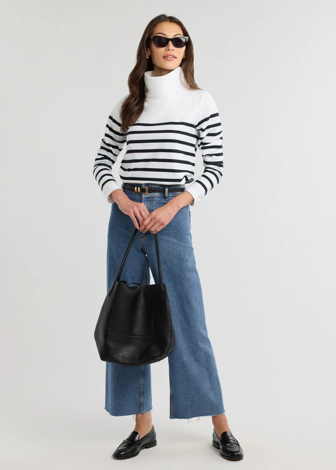 Greenpoint Turtleneck in Terry Fleece (White/Black Placed Stripe) | Dudley Stephens