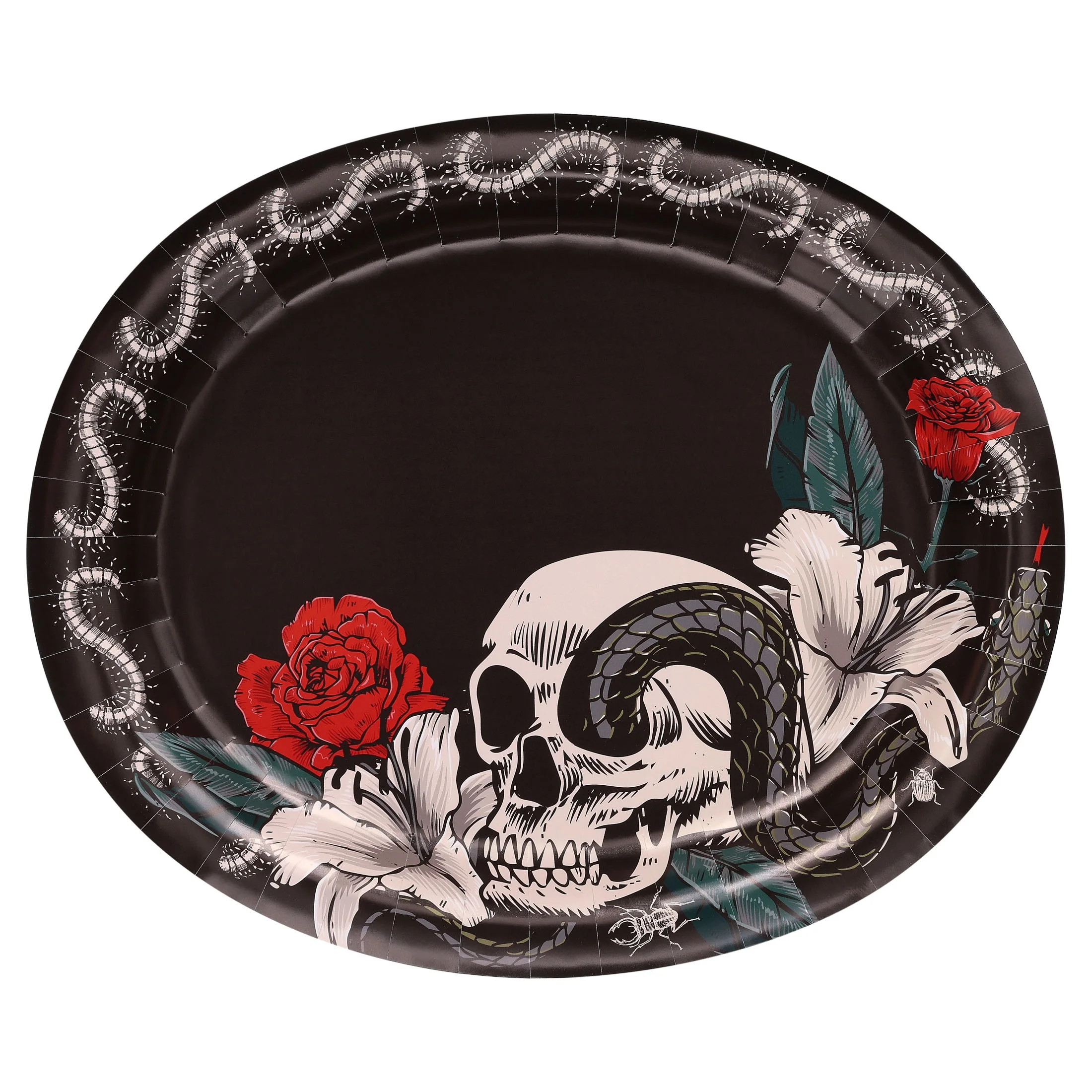 Skull and Roses Oval Disposable Paper Plates, Multicolor, 12" x 10", 8 Count, Halloween by Way To Celebrate - Walmart.com | Walmart (US)
