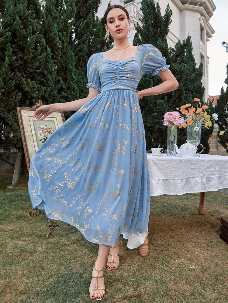 Ditsy Floral Print Sweetheart Neck Puff Sleeve Ruched Dress | SHEIN