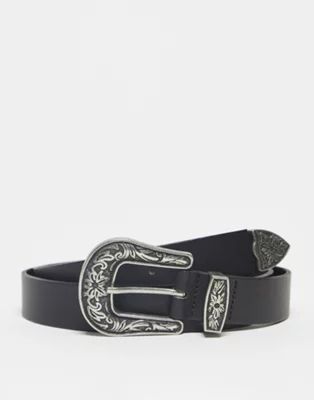 ASOS DESIGN silver buckle leather western belt in black | ASOS (Global)