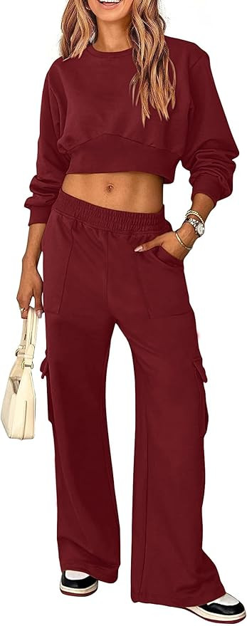 PRETTYGARDEN Womens Fall 2 Piece Outfits Sweatsuits Sets Long Sleeve Crop Tops Sweatshirt Wide Le... | Amazon (US)