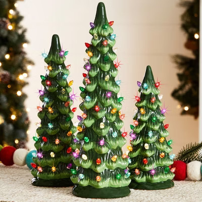 Best Choice Products Set of 3 Pre-Lit Hand-Painted Ceramic Tabletop Christmas Trees w/ Multicolor Lights - Green | Target