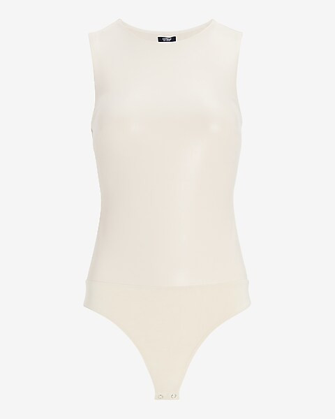 Body Contour Faux Leather High Neck Thong Bodysuit | Express