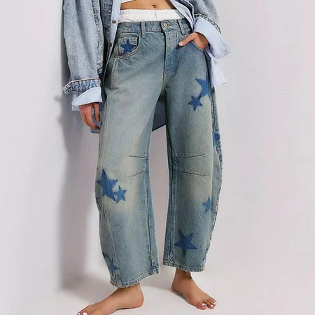 Yourumao Barrel Jeans Women Wash Elastic Waisted Jeans Star Printed Wide Leg Denim Pants Distressed Summer Casual with Pocket | Walmart (US)