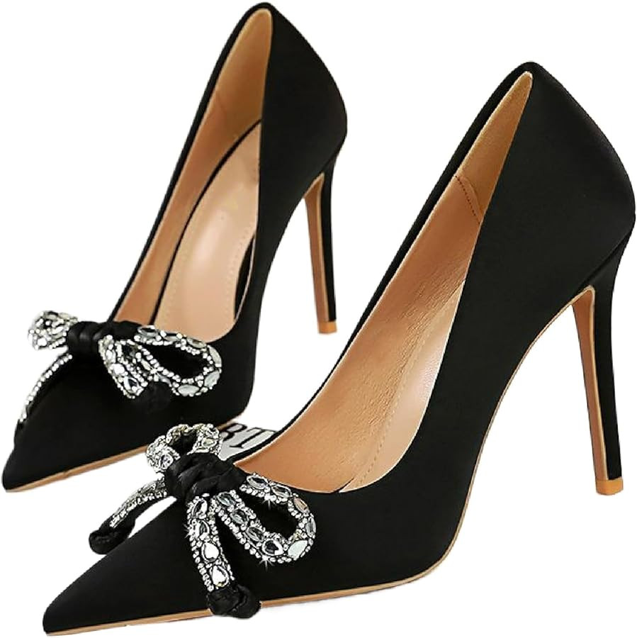 HEBHG Women's Satin Shiny Bow Stilettos Sexy Rhinestone Closed Pointed Toe Slip On Dress Pumps Fa... | Amazon (US)