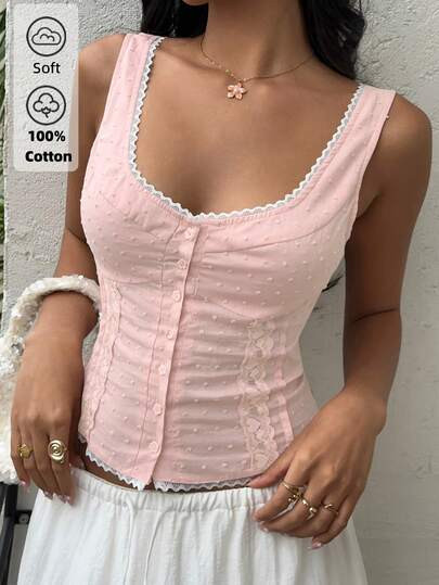 Sunnyshic Lace Patchwork Scoop Neck Fitted Front Button Camisole | SHEIN