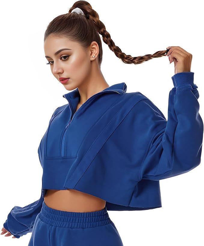HerGymClothing Womens Cropped Sweatshirt Long Sleeve Half Zip Loose Workout Crop Athletic Jacket | Amazon (US)