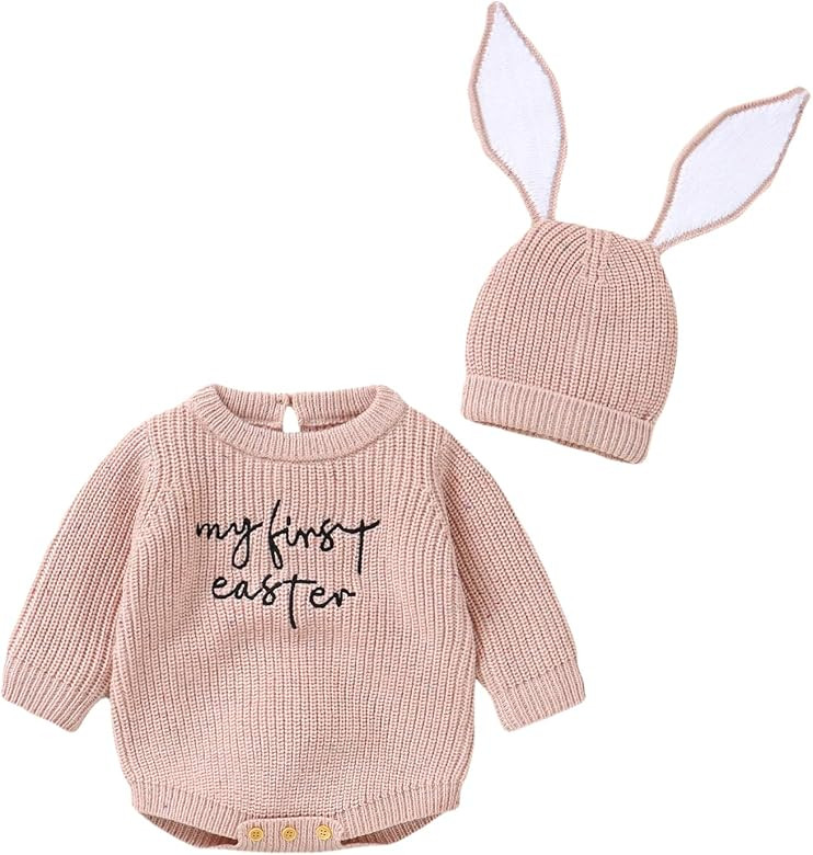 My First Easter Newborn Baby Girl Boy Outfit Long Sleeve Knit Romper Onesie with Bunny Hat Infant... | Amazon (US)