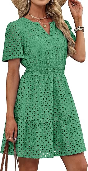 RUMIA Womens Dresses 2026 Summer V Neck Eyelet Lace A Line Short Dress | Amazon (US)