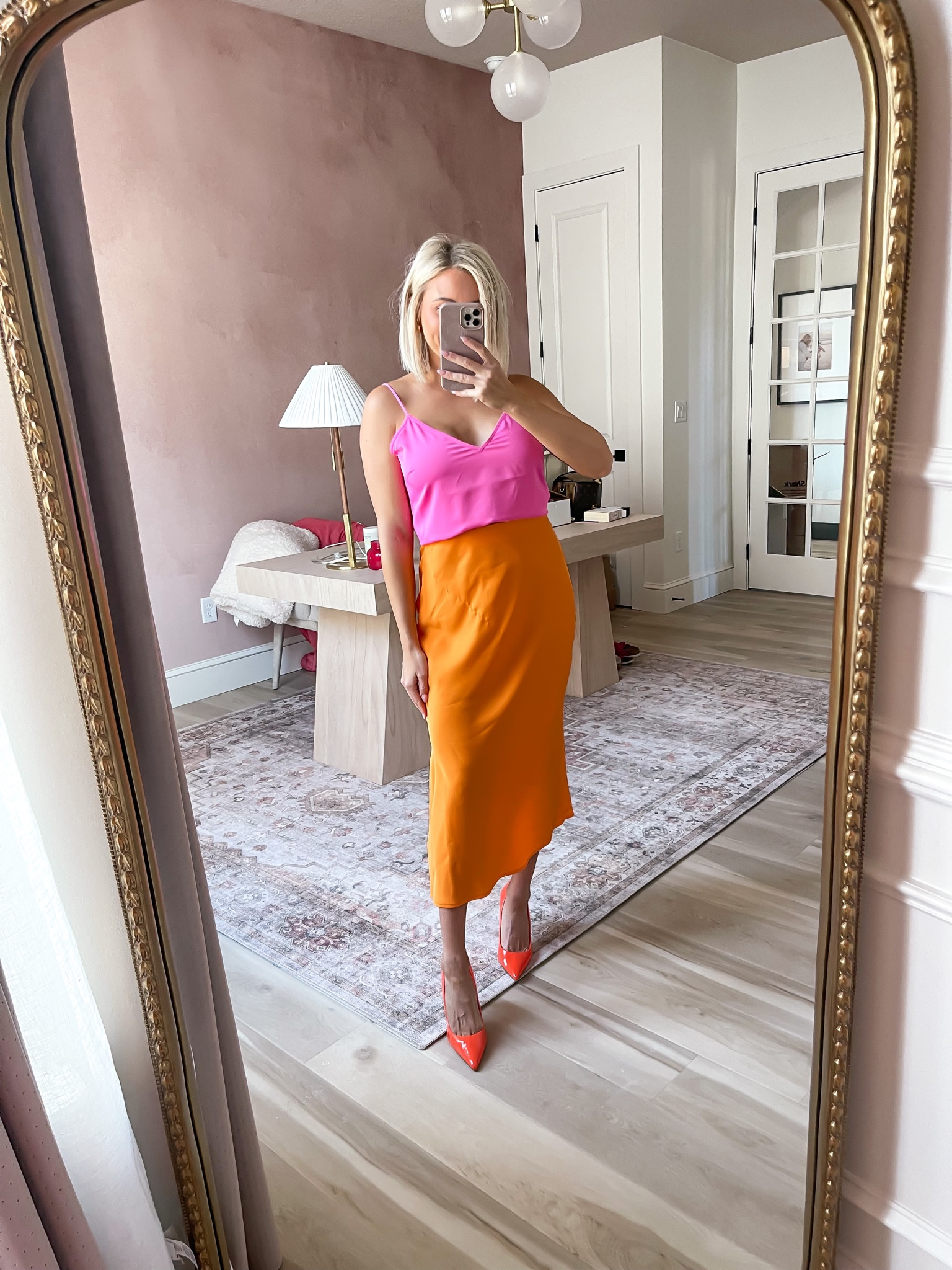 Orange and pink combo, always! This $25 satin skin + $18 cami are the perfect girly combo. Wearing a small in both! #Target #MaternityStyle #BumpStyle 

#LTKunder50 #LTKstyletip #LTKbump