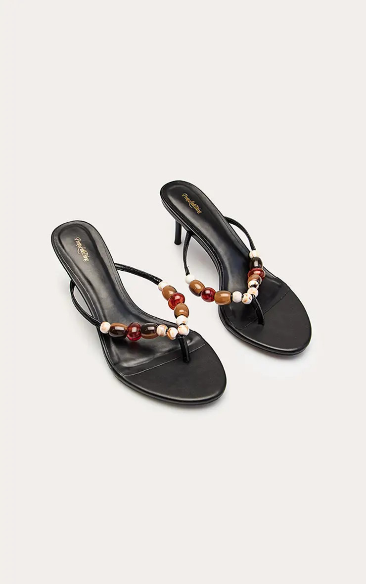 Black Beaded Toe Thong Heeled Mules | PrettyLittleThing UK