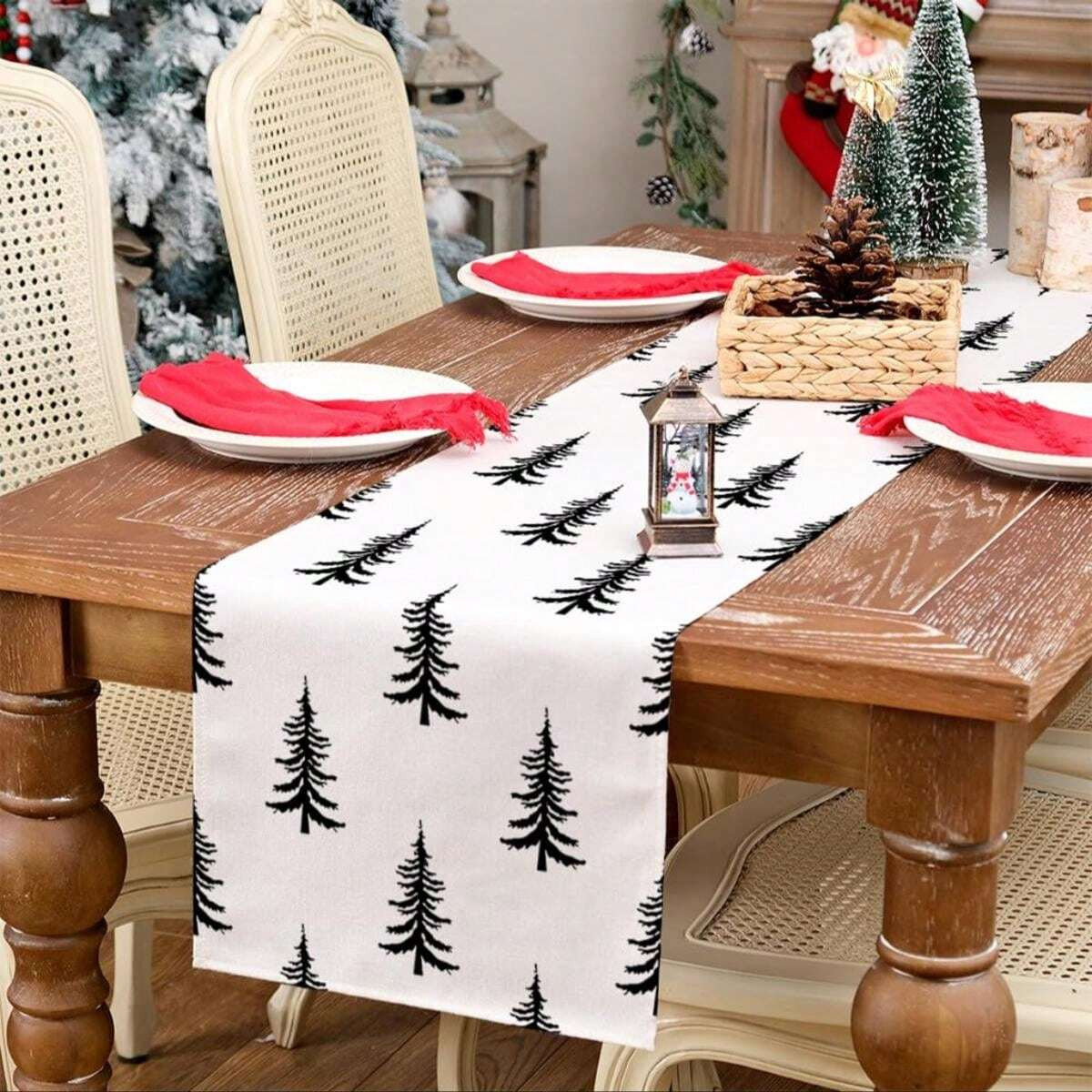 1pc Pine Tree Pattern Christmas White Linen Tablerunner, 13"X72" Holiday Kitchen Dining Table Dec... | SHEIN