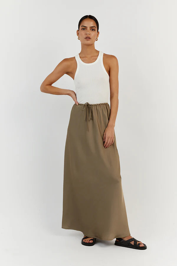 BLOOM MOSS SATIN MIDI SKIRT | DISSH
