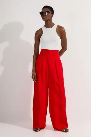 Tailored Viscose Linen Wide Leg Pants | Karen Millen US