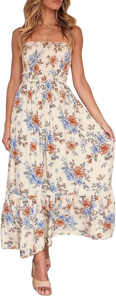 ZESICA Women's 2024 Summer Bohemian Floral Printed Strapless Beach Party Long Maxi Dress | Amazon (US)