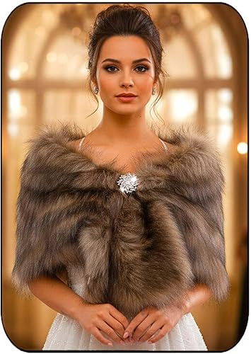 EASEDAILY Women's Fur Shawls and Wraps Wedding Fur Scarf Faux Bridal Stole with Brooch for Brides... | Amazon (US)