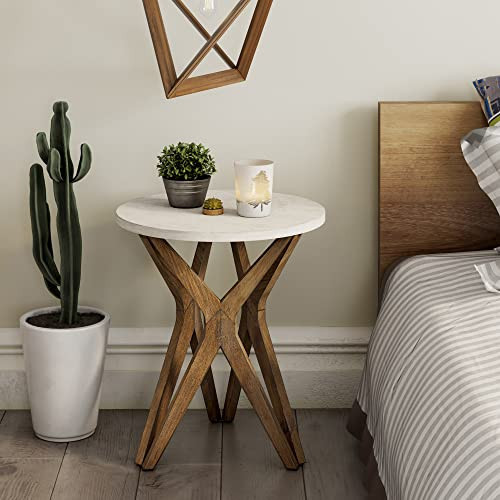LONYKE Pedestal Farmhouse End Table, Distressed Top with Tripod Base Bedside Table for Living Room, Modern, Boho Decor, Round (1 Pack, White & Walnut) | Amazon (US)