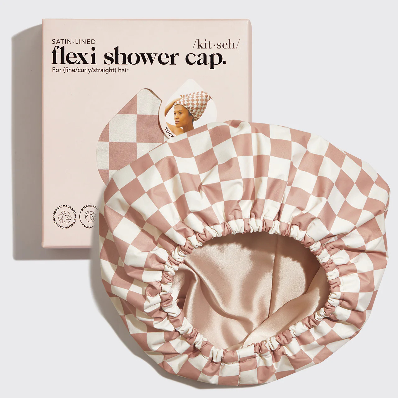 Terracotta Checker Satin Shower Cap | KITSCH | Kitsch