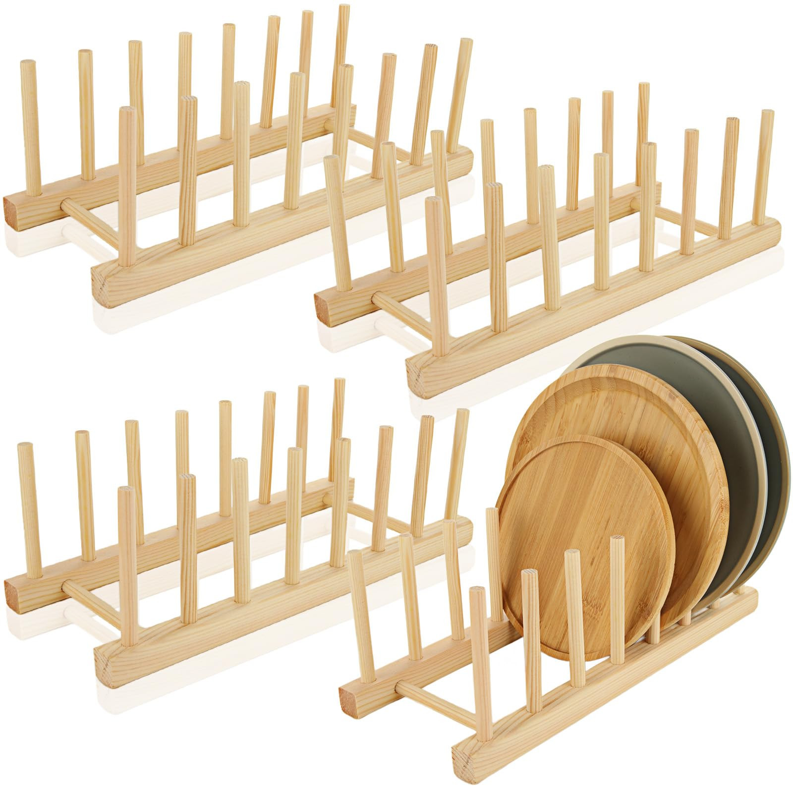 MUXHEL 4PCS Wooden Dish Rack, 7 Slots Bamboo Wooden Plate Rack for Cupboard, Plate Drainer Rack w... | Amazon (UK)