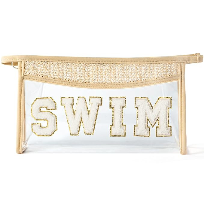 Boho Patch Cosmetic Bag - Summer SWIM Chenille Varsity Letter Toiletry Bag Beige Clear Waterproof... | Amazon (US)