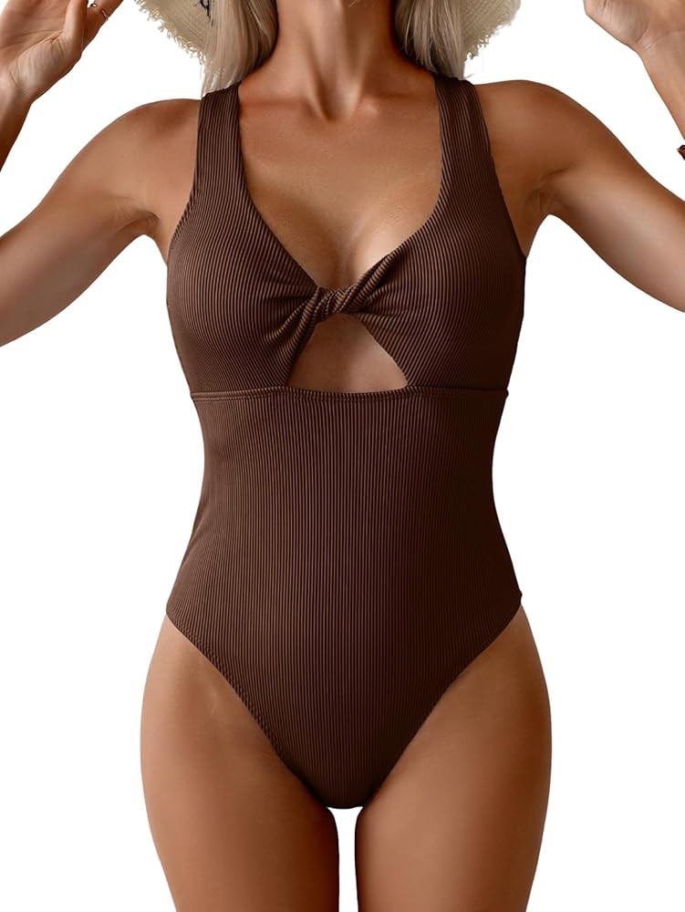 Women's Swimsuit Ribbed Tummy Control One Piece Bathing Suit Twist V Neck Swimwear Metal Buckle B... | Amazon (US)