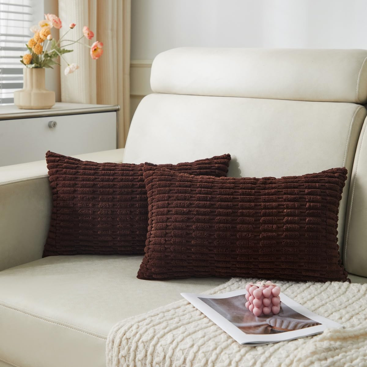 Sunday Praise 2 Packs Dark Brown Decorative Throw Pillow Covers 12x20 Inch Soft Corduroy Striped ... | Amazon (US)