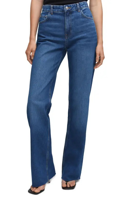 MANGO Raw Hem Mid Rise Wide Leg Jeans in Dark Blue at Nordstrom, Size 2 | Nordstrom