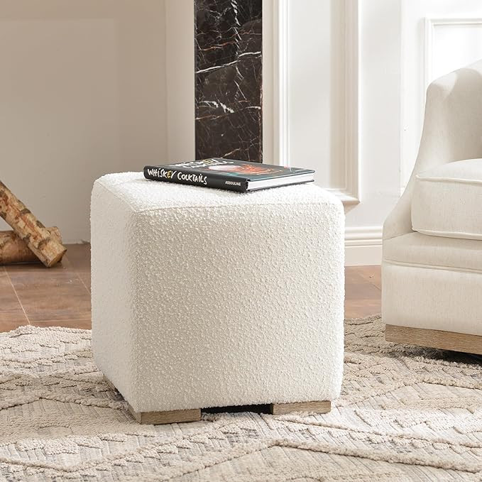 KINWELL 18.5" Wide Modern Square Boucle Upholstered Ottoman with Solid Wood Legs, Cube Ottoman Mu... | Amazon (US)