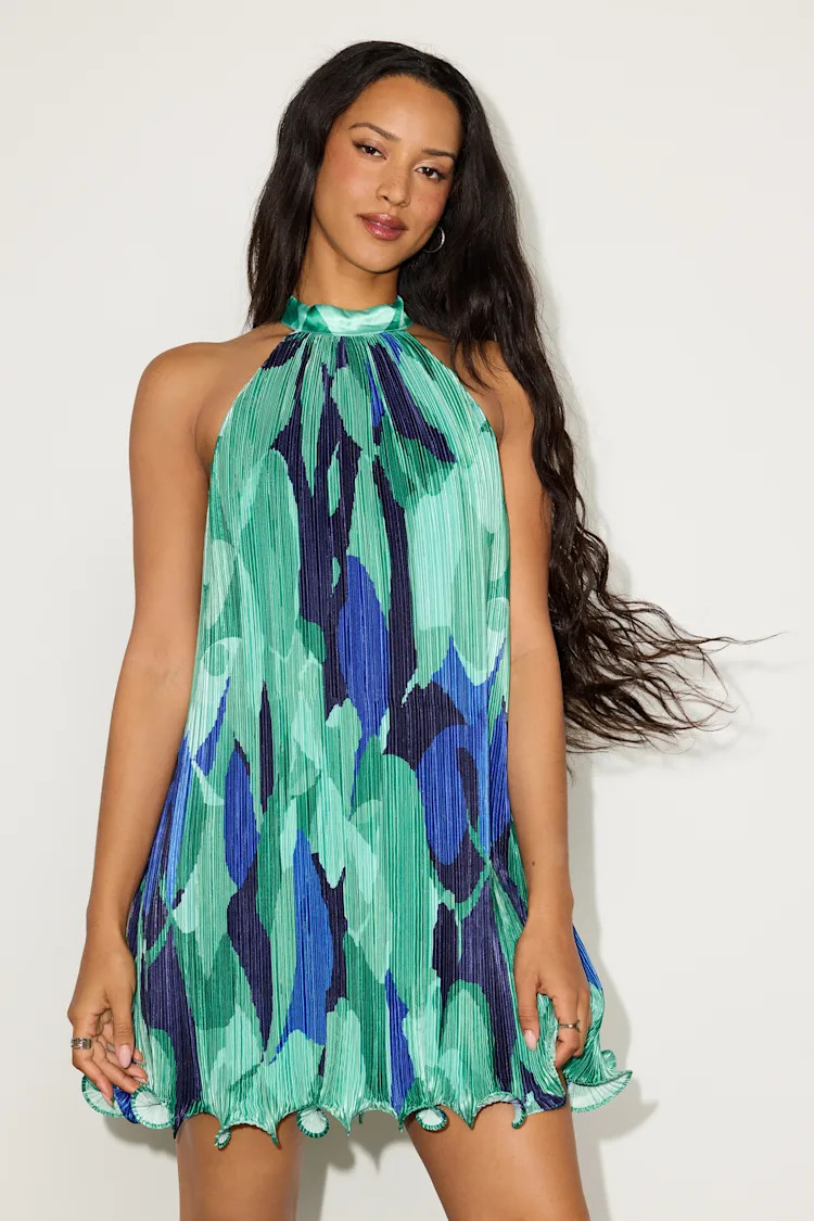 Vaivah Green Abstract Satin Plisse Mock Neck Swing Mini Dress | Lulus