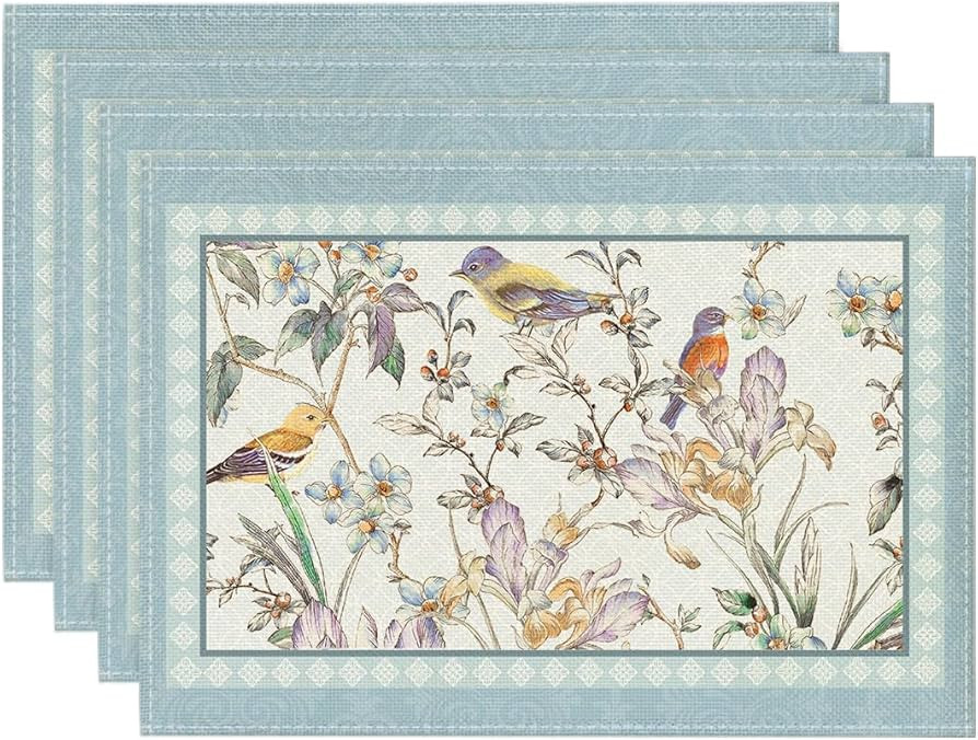 Artoid Mode Blue Birds Flowers Blossom Placemats Set of 4, 12x18 Inch Table Mats for Table Runner... | Amazon (US)