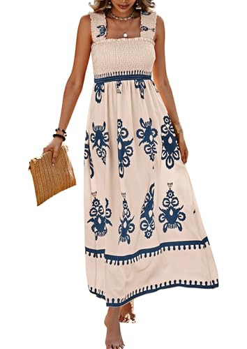 PRETTYGARDEN Women's Sleveless Boho Maxi Dress,Floral Apricot Navy,L | Amazon (US)