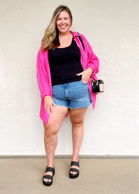 Plus size summer outfit of the day! Love these mom shorts from Abercrombie, they run really small and I suggest sizing up one maybe even two sizes! I am in the 35(20) and they’re a little tight. Paired them with the most comfortable platform crocs sandals ever, a classic black tank (2x) from able (use code Ashleyd10) and this beautiful oversized hot pink button up from Anthropologie in a 2x! My crossbody bag is Walmart and I love it! 

#LTKcurves #LTKtravel #LTKunder50