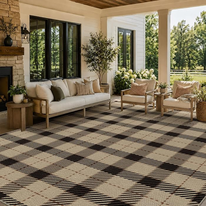 JTJ 8x10 Washable Outdoor Rug for Patio - Low Pile Easy Jute Plaid Area Rug for Porch, Deck, Back... | Amazon (US)
