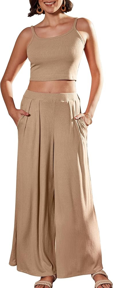 Women's 2 Piece Lounge Sets Summer Outfits Ribbed Knit Tank Tops Wide Leg Pants Pajamas Set Loung... | Amazon (US)