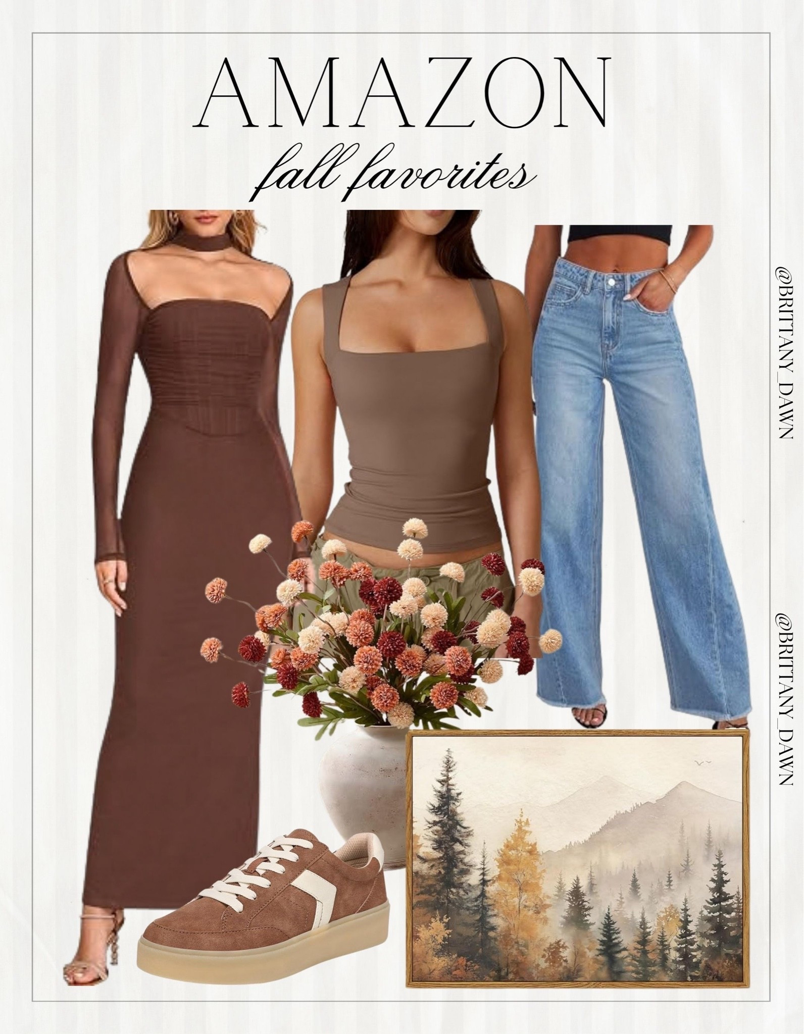 Casual autumn style finds! 🍁

I styled a sheer brown long-sleeve maxi dress and a square-neck taupe tank paired with light wash wide-leg denim jeans and brown suede sneakers.

Complemented by a scenic autumn mountain art print and seasonal floral decor for a warm home vibe. 🖼️✨

#AmazonFinds #FallStyle #CasualStyle #LTKhome #LTKfashion #AutumnAesthetic #WideLegJeans #EverydayChic

#LTKootd #LTKHome #LTKSeasonal