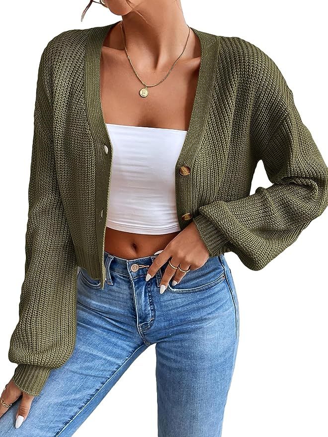 Floerns Women's Solid Long Sleeve Button Down V Neck Cardigan Crop Top Sweater | Amazon (US)