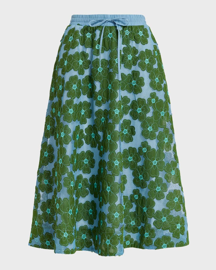 Essentiel Antwerp Feast Two-Tone Floral Embroidered Midi Skirt | Neiman Marcus