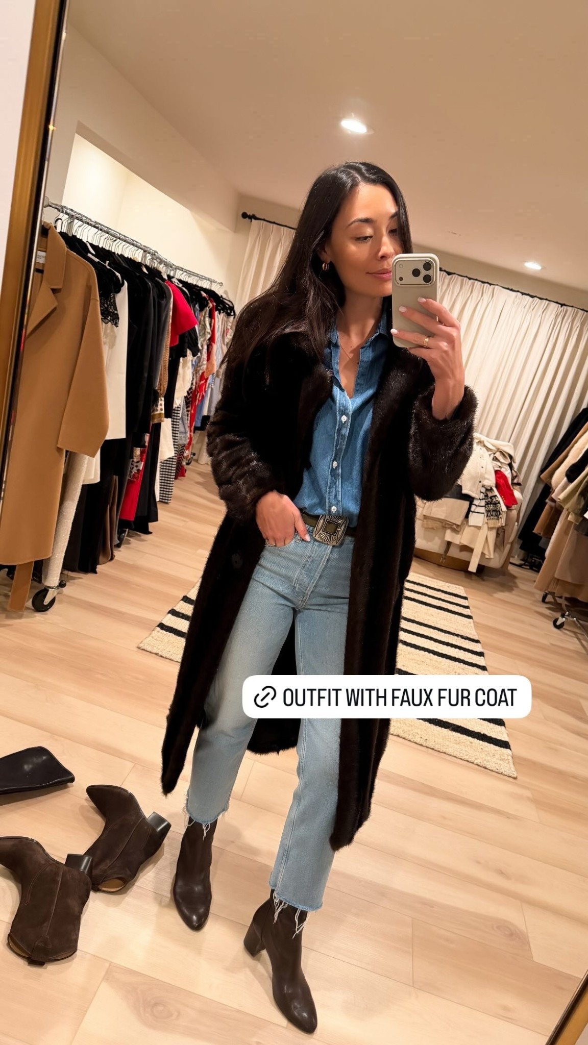 Faux fur coat, chambray button down, denim jeans, brown booties are old Stuart Weitzman - similar below!

#LTKootd #LTKSeasonal