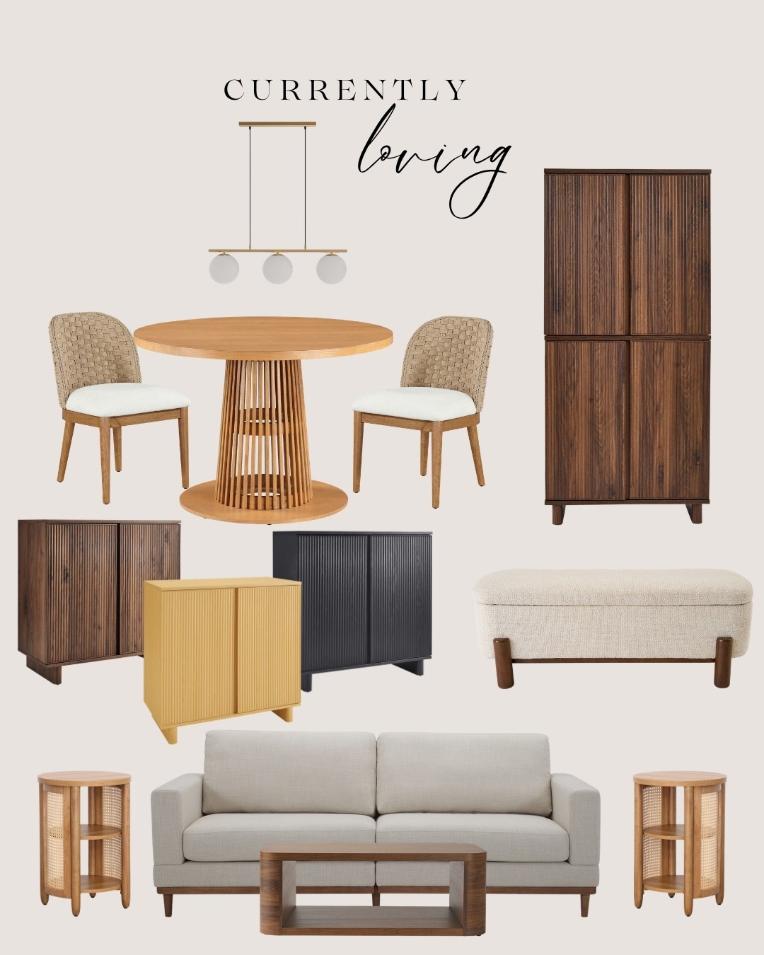 Walmart currently loving: gold pendant, natural wood round dining table, wicker white dining chairs, dark brown tall cabinet, black cabinet, natural wood cabinet, dark brown wood, white bench, natural wood side table, cream sofa, dark brown coffee table. 

 #LTKHome #LTKSaleAlert