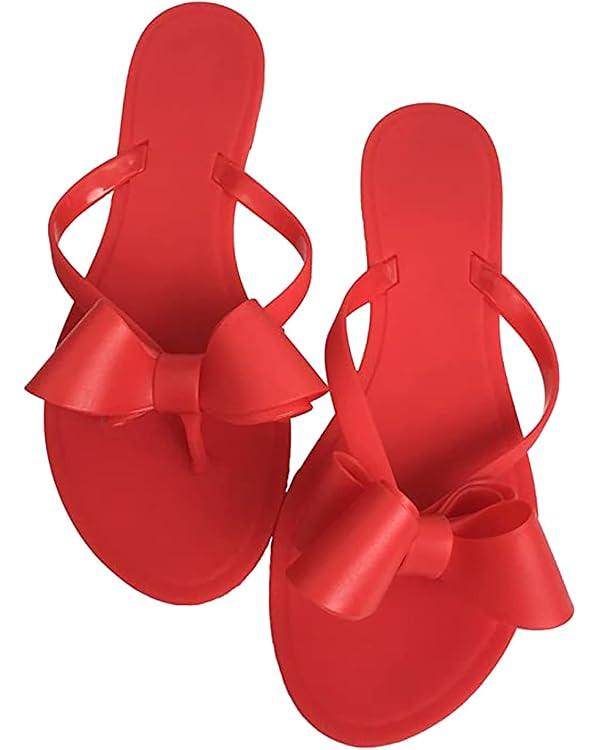 Mtzyoa Women Flip-Flops Flat Sandals Jelly Bow Beach Flat Rivets Rain Cute Dressy Summer Sandals | Amazon (US)