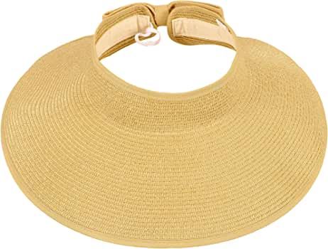 Women's Roll Up Striped/Ribbed Wide Brim Straw Sun Visor | Amazon (US)