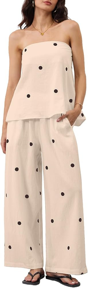 Women 2 Piece Polka Dot Tube Top Set Strapless Bandeau Blouse Wide Leg Spot Print Pants Outfits S... | Amazon (US)