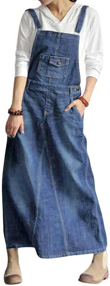 chouyatou Women's Vintage Adjustable Strap Denim Overall Dress Distressed A-Line Pinafore Bib Jea... | Amazon (US)