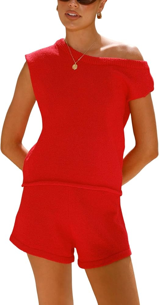 Hongsui Women's 2 Piece Sets Off The Shoulder Sweater Casual Mini Shorts Summer Knit Matching Set... | Amazon (US)