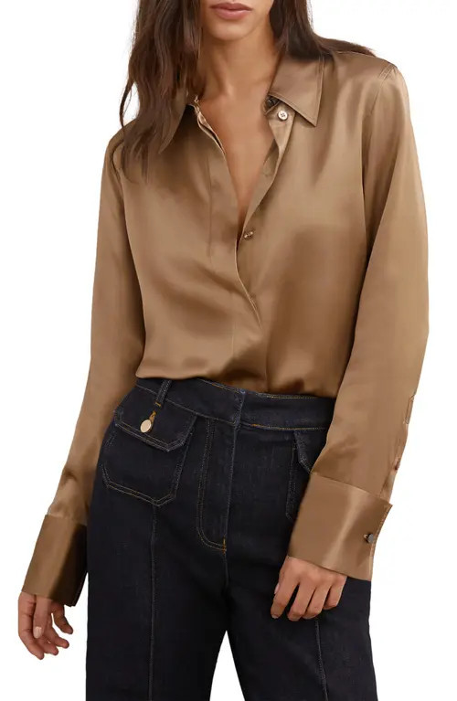 Reiss Ameira Silk Shirt in Camel at Nordstrom, Size 0 Us | Nordstrom