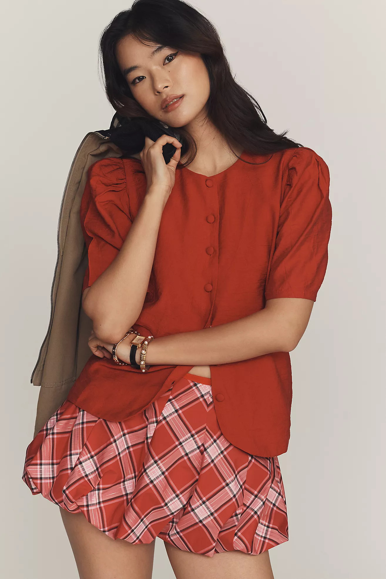 Maeve Puff-Sleeve Button-Front Top | Anthropologie (US)